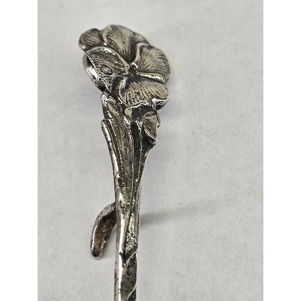 Rare Dutch Antique 1929 Pansy Sterling‎ Silver Cream Spoon with Hook Floral